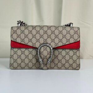 Gucci GG Logo Supreme Medium Dionysus Shoulder Bag with Red Interior